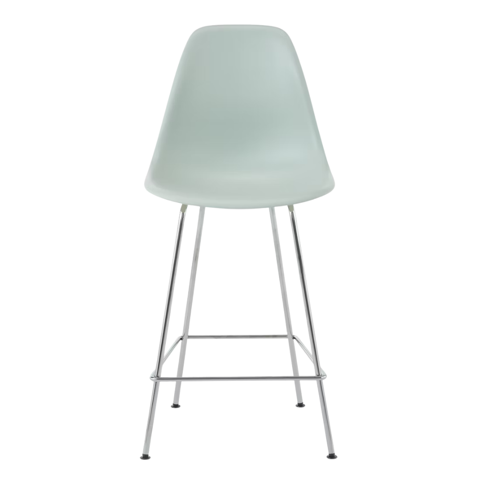 The gray green shell Eames Molded Plastic Counter Height Stool from Herman Miller with the trivalent chrome base.