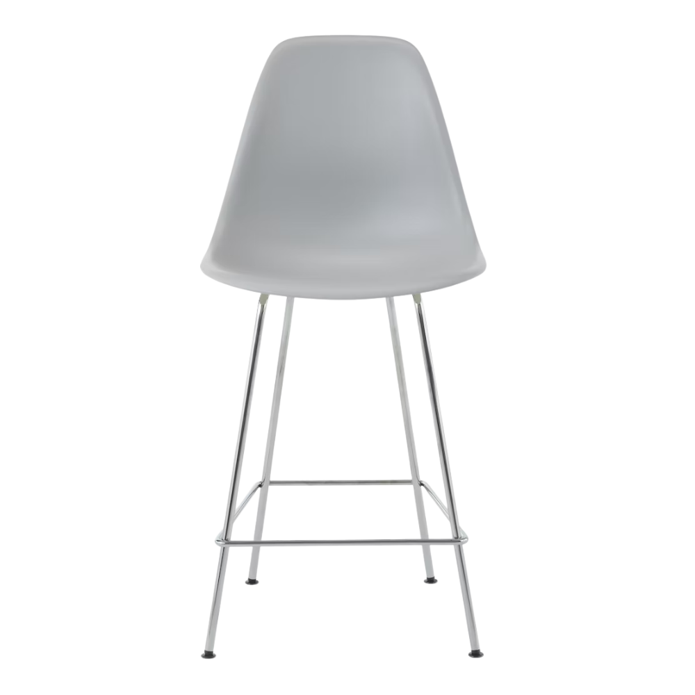 The light gray shell Eames Molded Plastic Counter Height Stool from Herman Miller with the trivalent chrome base.