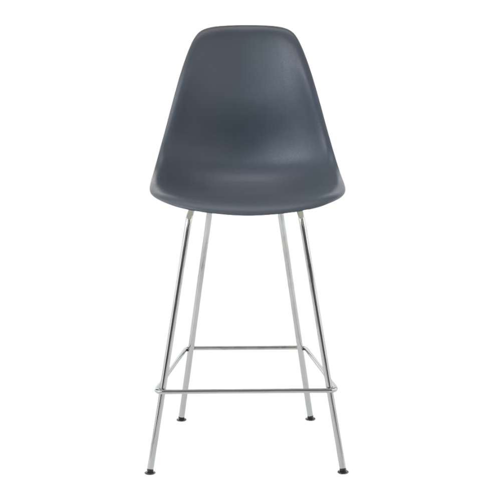 The medium gray shell Eames Molded Plastic Counter Height Stool from Herman Miller with the trivalent chrome base.