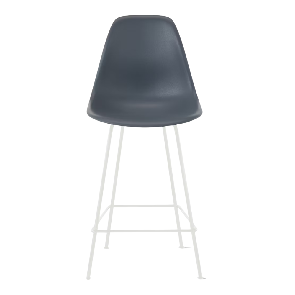 The medium gray shell Eames Molded Plastic Counter Height Stool from Herman Miller with the white base.
