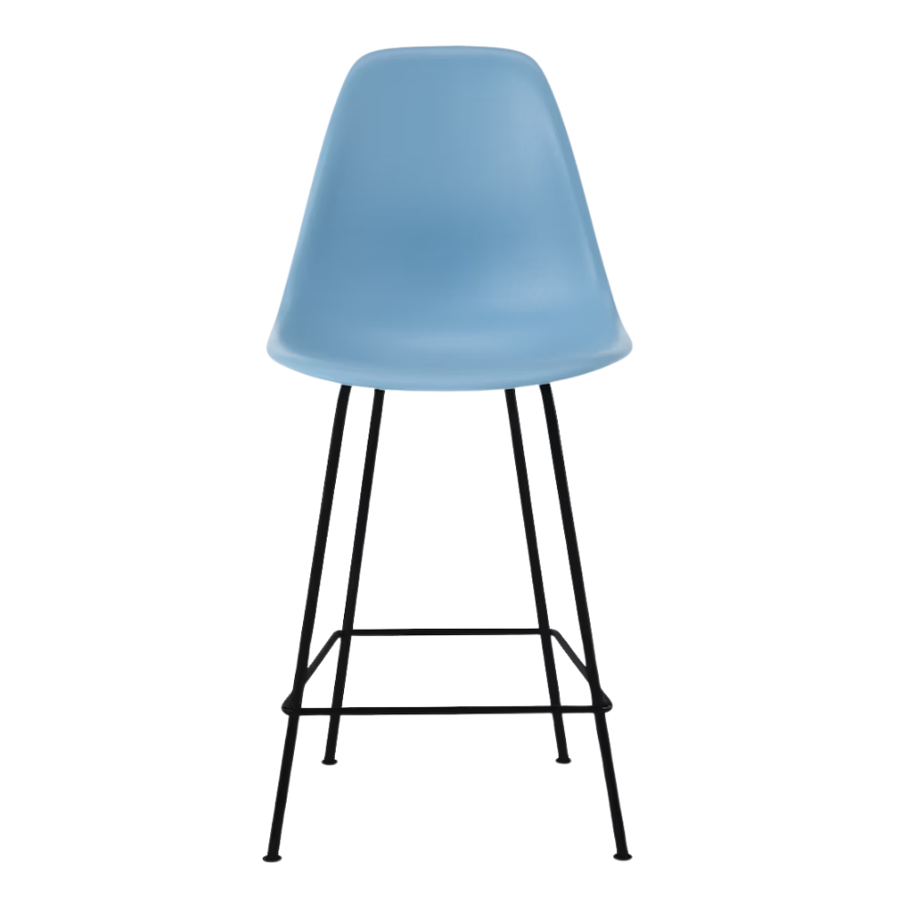 The pale blue shell Eames Molded Plastic Counter Height Stool from Herman Miller with the black base.