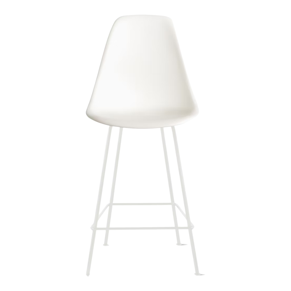 The white shell Eames Molded Plastic Counter Height Stool from Herman Miller with the white base.