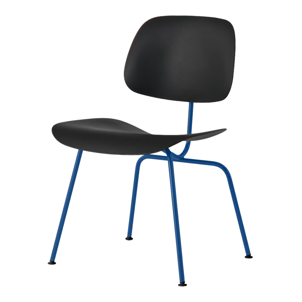 The Eames Molded Plastic Dining Chair from Herman Miller with the black shell and berry blue leg finish.