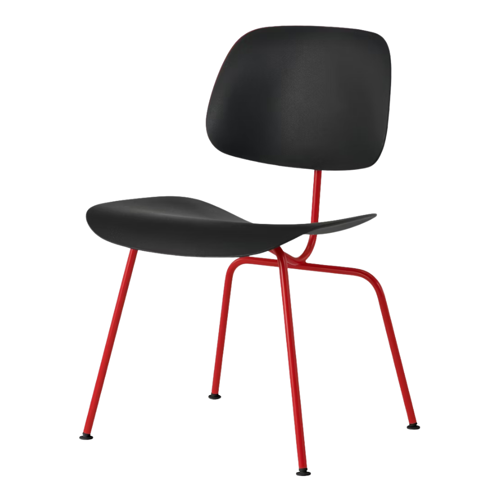The Eames Molded Plastic Dining Chair from Herman Miller with the black shell and blaze leg finish.