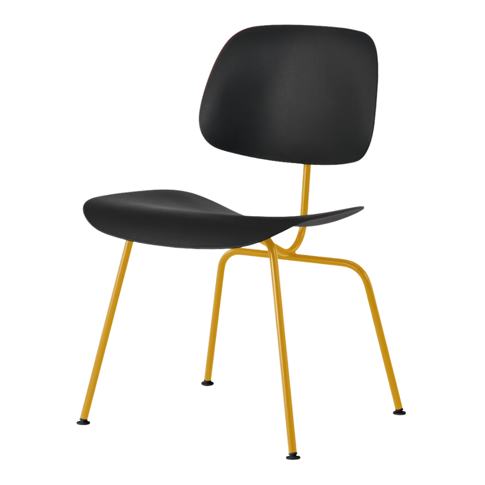 The Eames Molded Plastic Dining Chair from Herman Miller with the black shell and marigold leg finish.