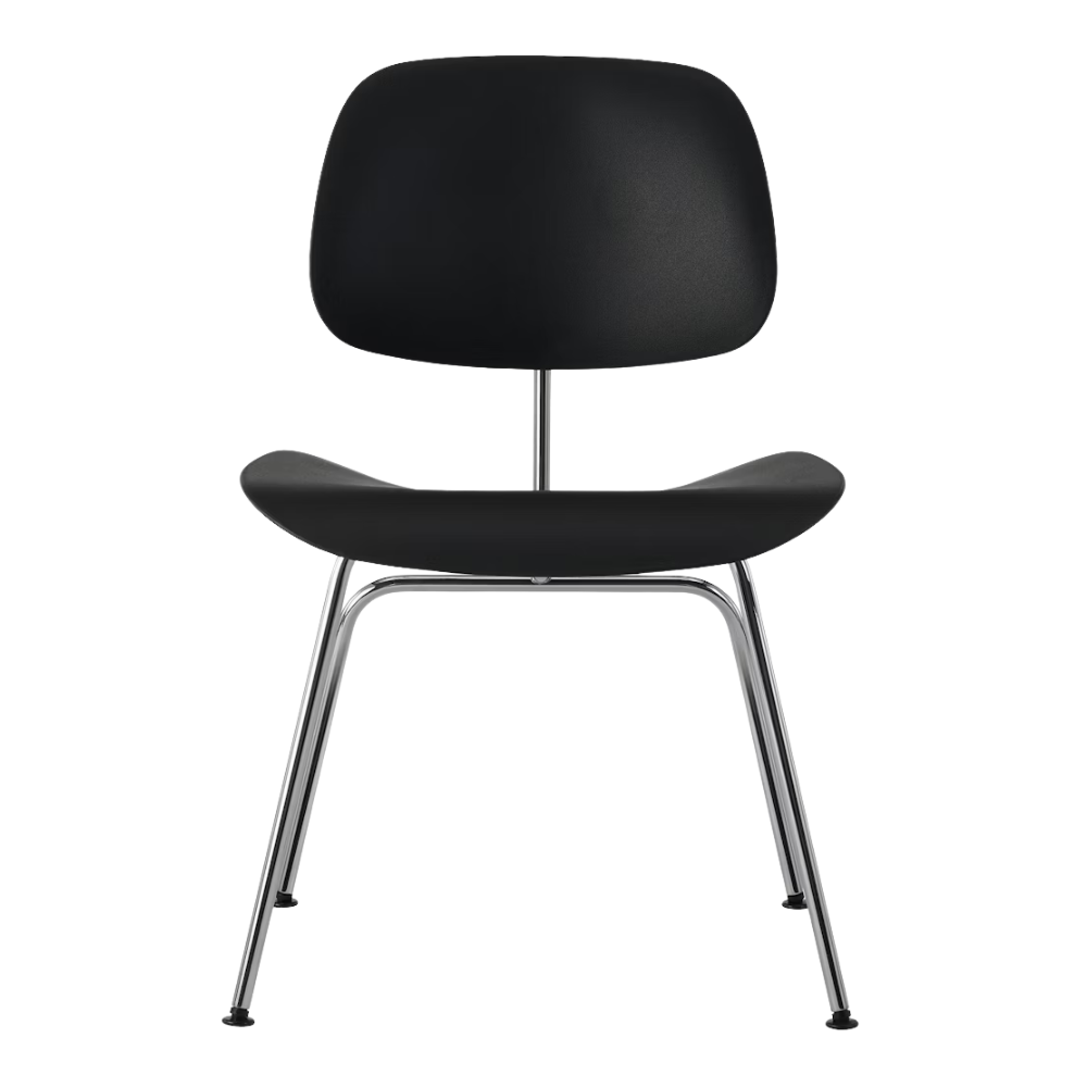 The Eames Molded Plastic Dining Chair from Herman Miller with the black shell and trivalent leg finish from the front.