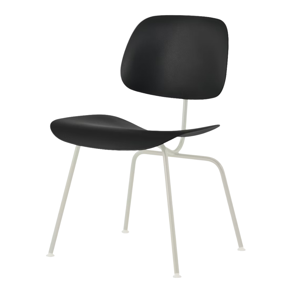 The Eames Molded Plastic Dining Chair from Herman Miller with the black shell and white leg finish.