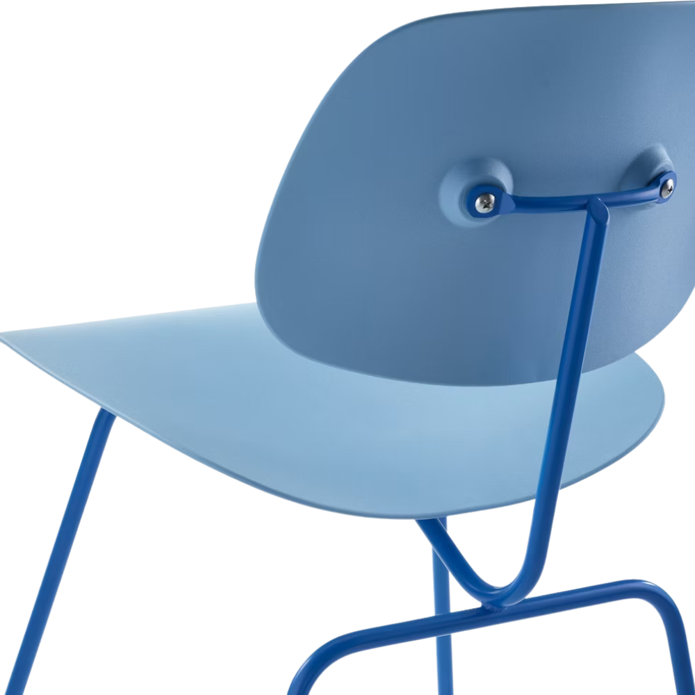 The Eames Molded Plastic Dining Chair from Herman Miller with the pale blue shell and berry blue leg finish from the back.
