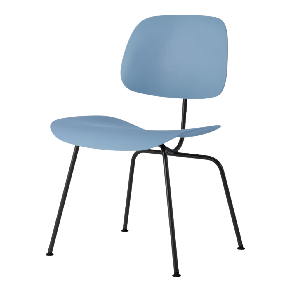 The Eames Molded Plastic Dining Chair from Herman Miller with the pale blue shell and ultra black leg finish.