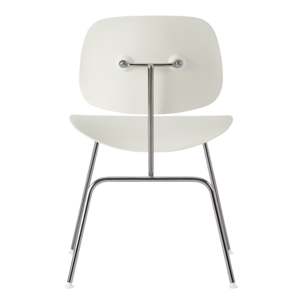 The Eames Molded Plastic Dining Chair from Herman Miller with the white shell and trivalent chrome leg finish from the back.
