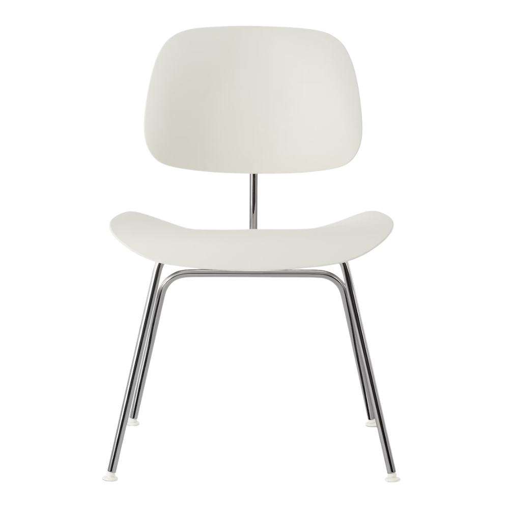 The Eames Molded Plastic Dining Chair from Herman Miller with the white shell and trivalent chrome leg finish from the front.