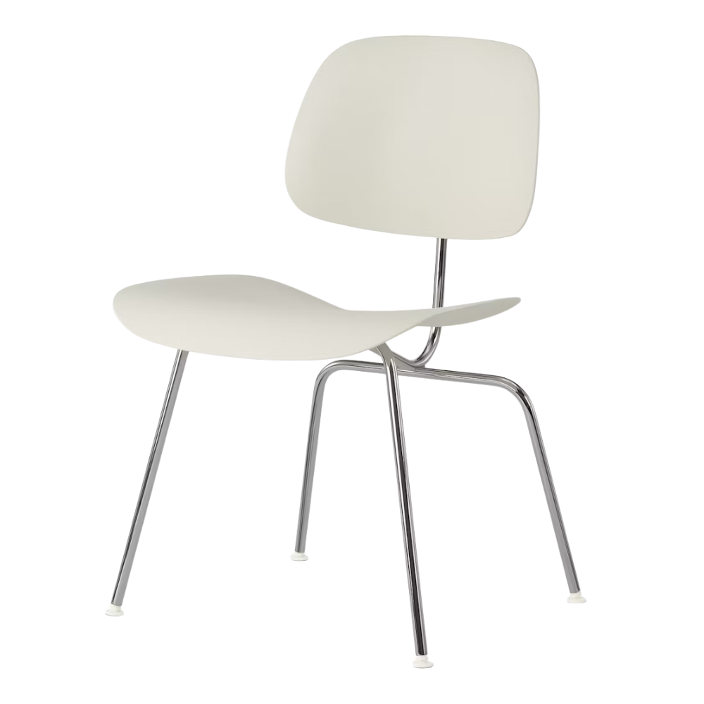 The Eames Molded Plastic Dining Chair from Herman Miller with the white shell and trivalent chrome leg finish.