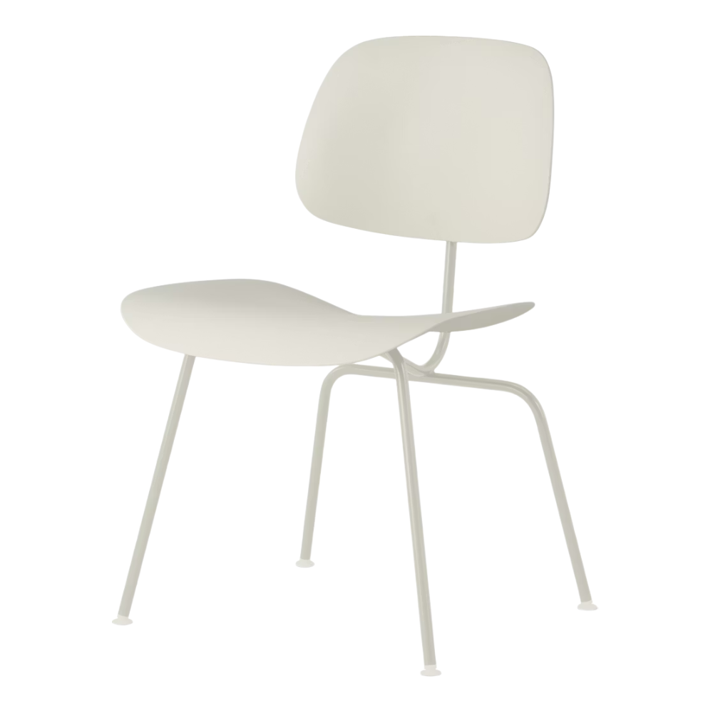 The Eames Molded Plastic Dining Chair from Herman Miller with the white shell and white leg finish.