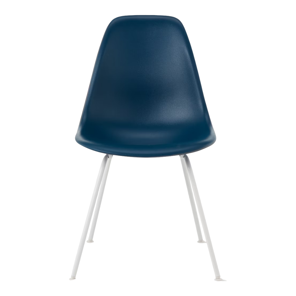 The blue green shell Eames Molded Plastic Side Chair 4-Leg Base from Herman Miller with the white base.