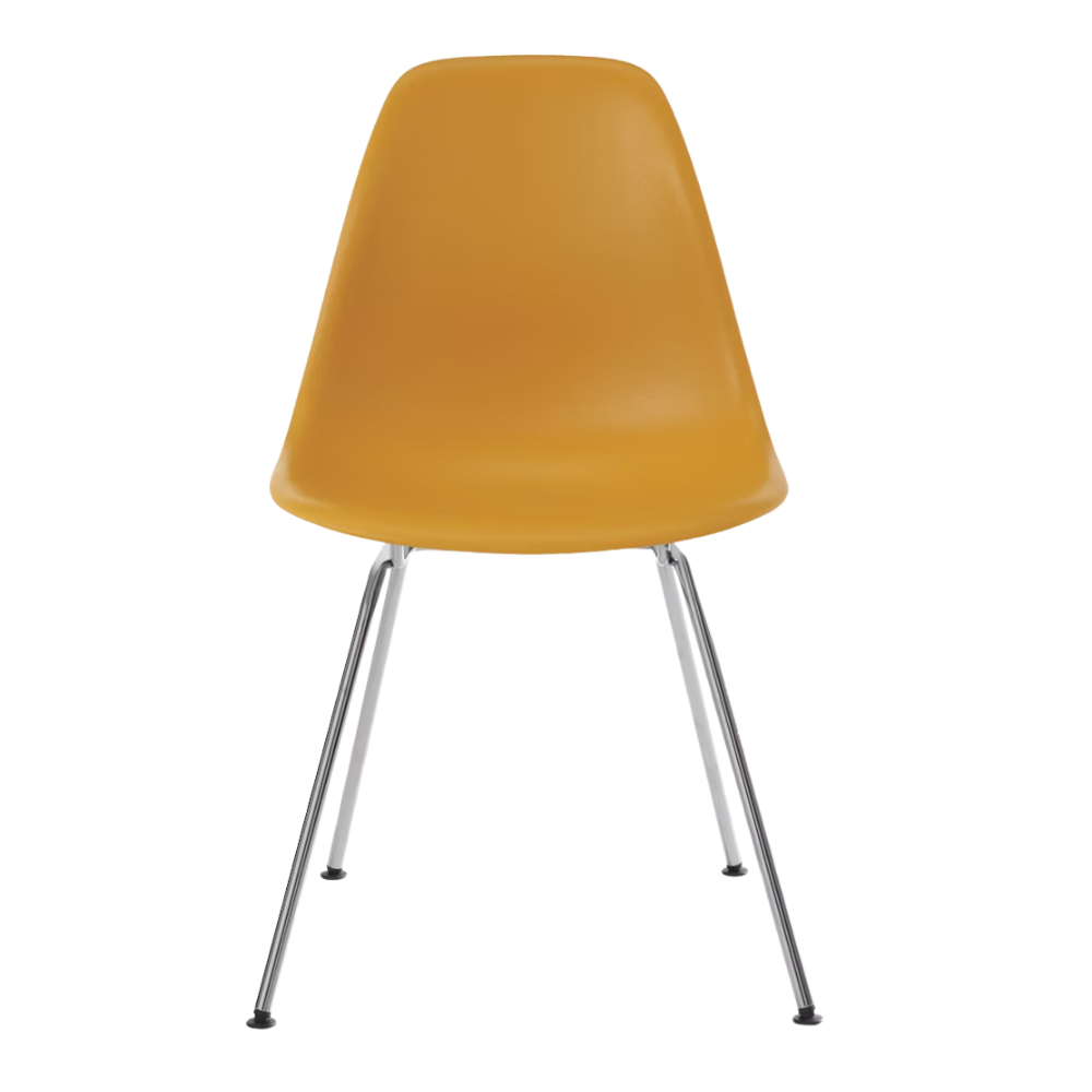 The deep yellow shell Eames Molded Plastic Side Chair 4-Leg Base from Herman Miller with the trivalent chrome base.