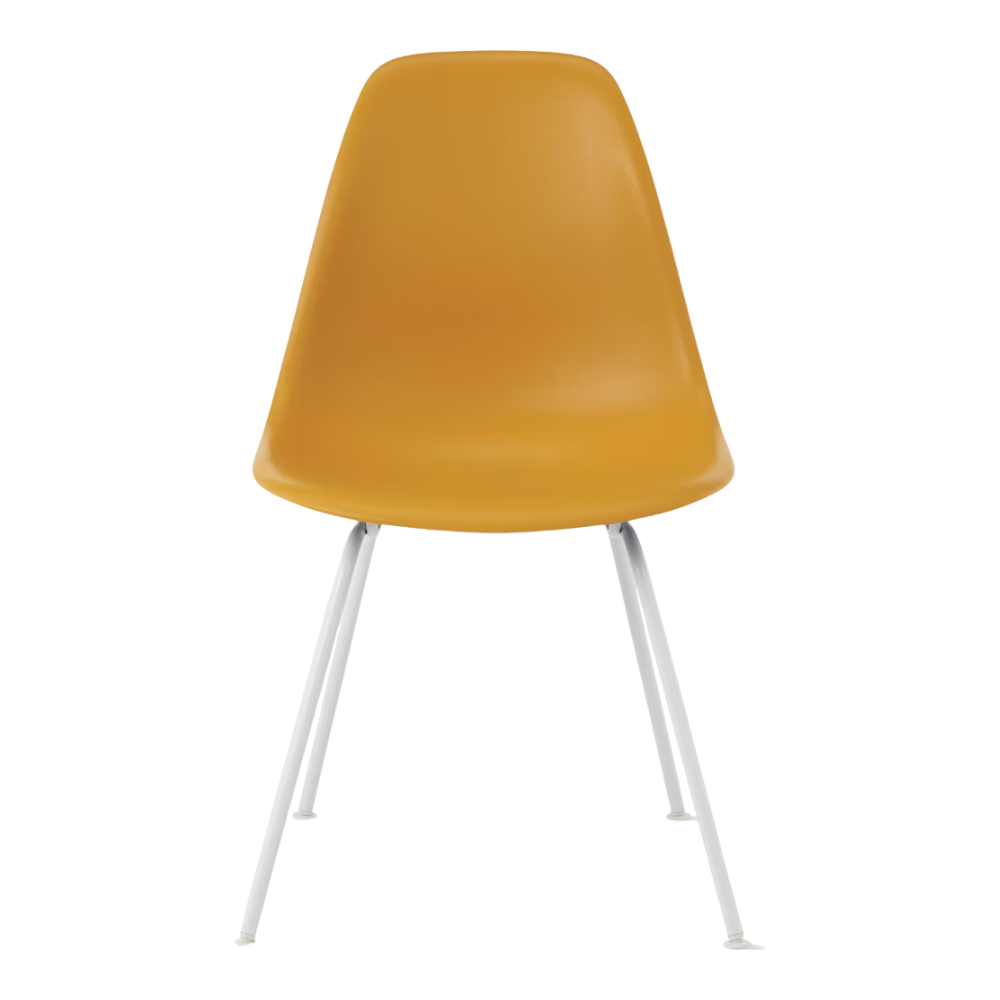 The deep yellow shell Eames Molded Plastic Side Chair 4-Leg Base from Herman Miller with the white base.