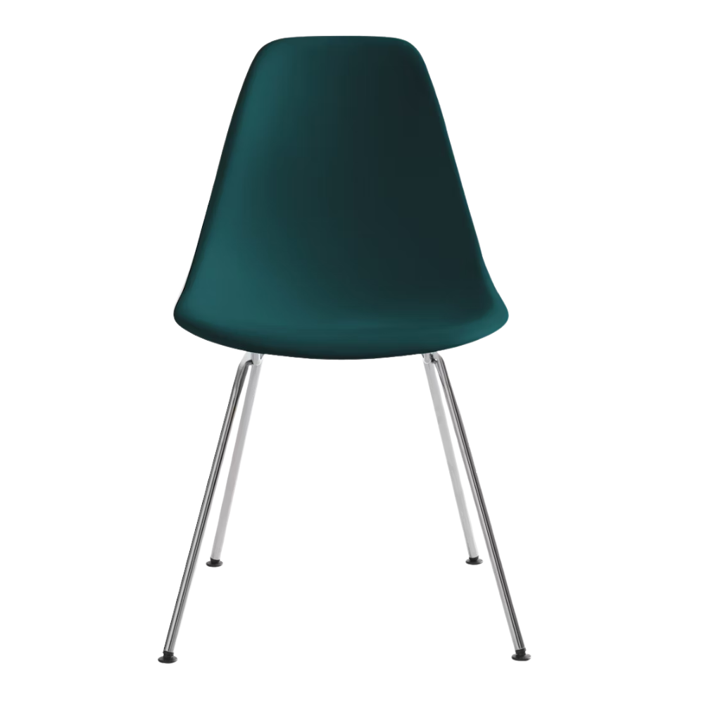 The evergreen shell Eames Molded Plastic Side Chair 4-Leg Base from Herman Miller with the trivalent chrome base.
