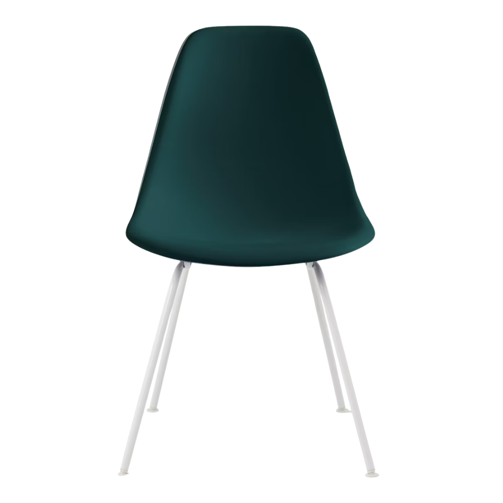 The evergreen shell Eames Molded Plastic Side Chair 4-Leg Base from Herman Miller with the white base.