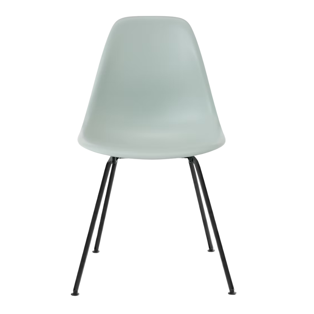 The gray green shell Eames Molded Plastic Side Chair 4-Leg Base from Herman Miller with the black base.