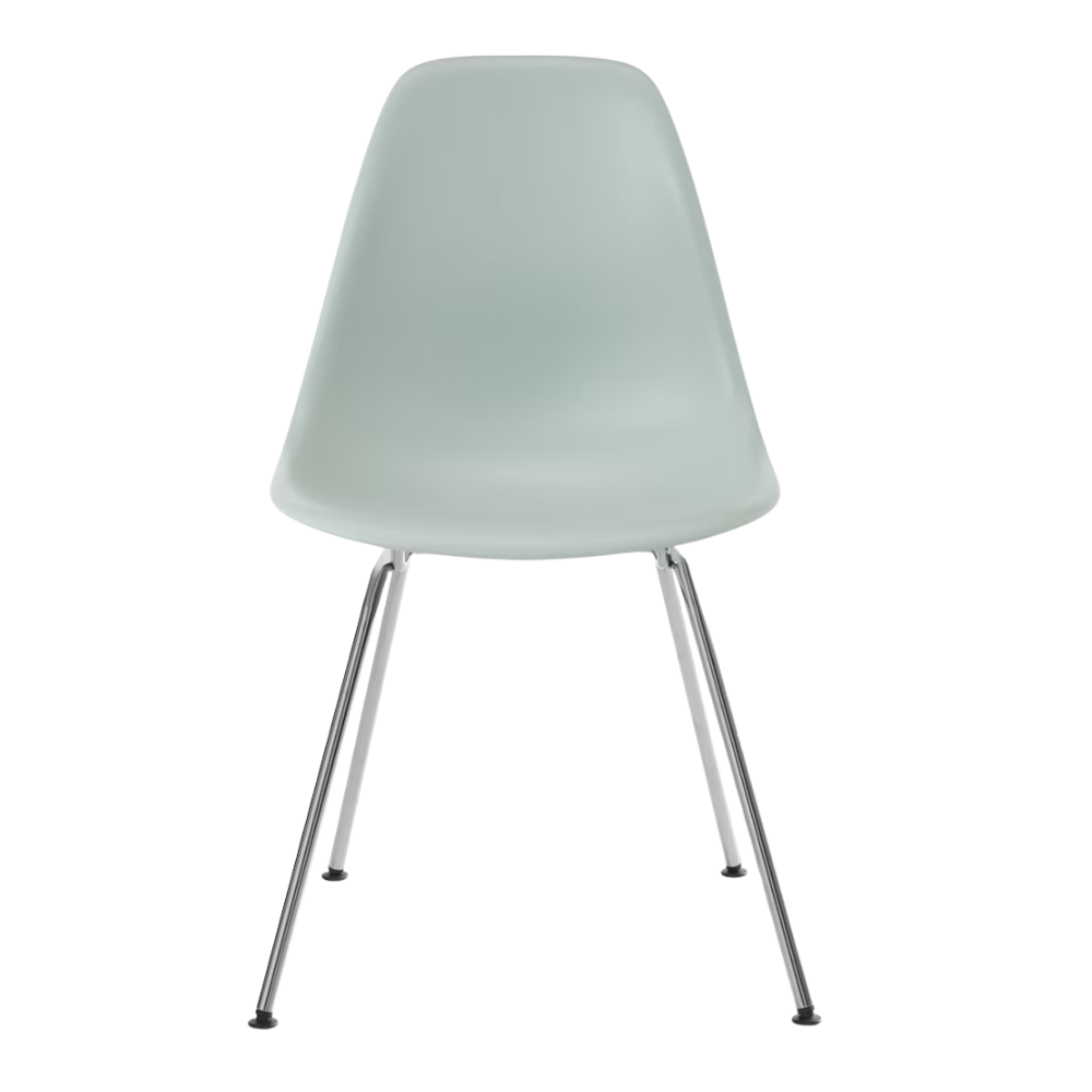 The gray green shell Eames Molded Plastic Side Chair 4-Leg Base from Herman Miller with the trivalent chrome base.