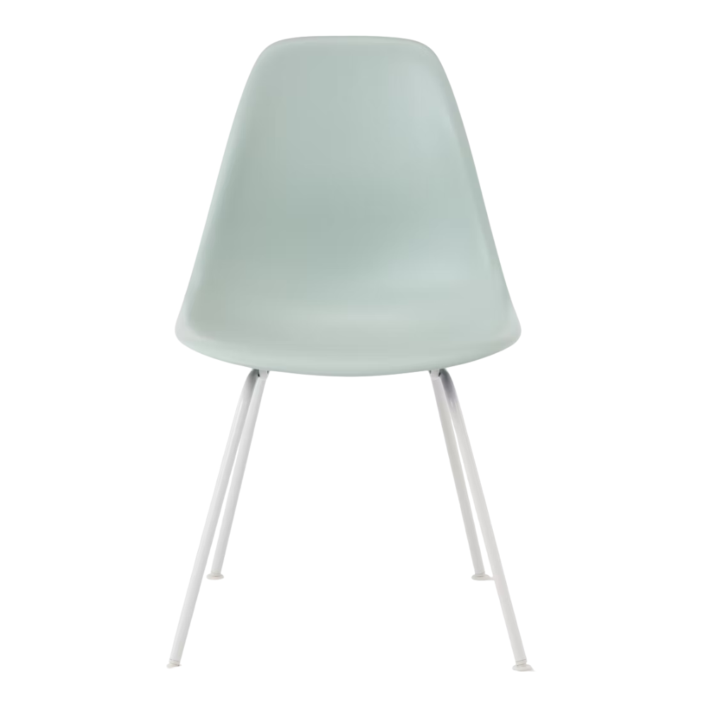 The gray green shell Eames Molded Plastic Side Chair 4-Leg Base from Herman Miller with the white base.