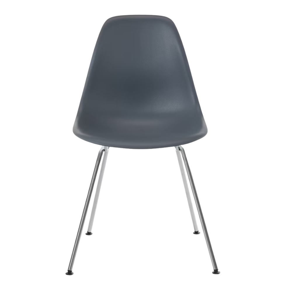 The medium gray shell Eames Molded Plastic Side Chair 4-Leg Base from Herman Miller with the trivalent chrome base.