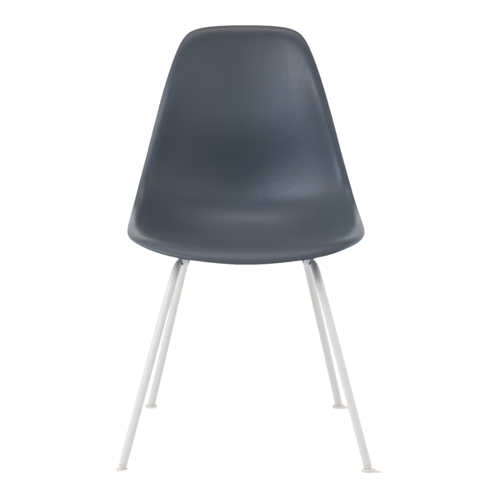 The medium gray shell Eames Molded Plastic Side Chair 4-Leg Base from Herman Miller with the white base.