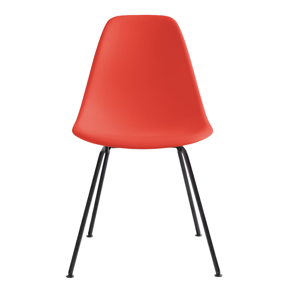 The red orange shell Eames Molded Plastic Side Chair 4-Leg Base from Herman Miller with the black base.