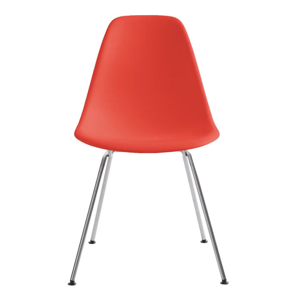 The red orange shell Eames Molded Plastic Side Chair 4-Leg Base from Herman Miller with the trivalent chrome base.