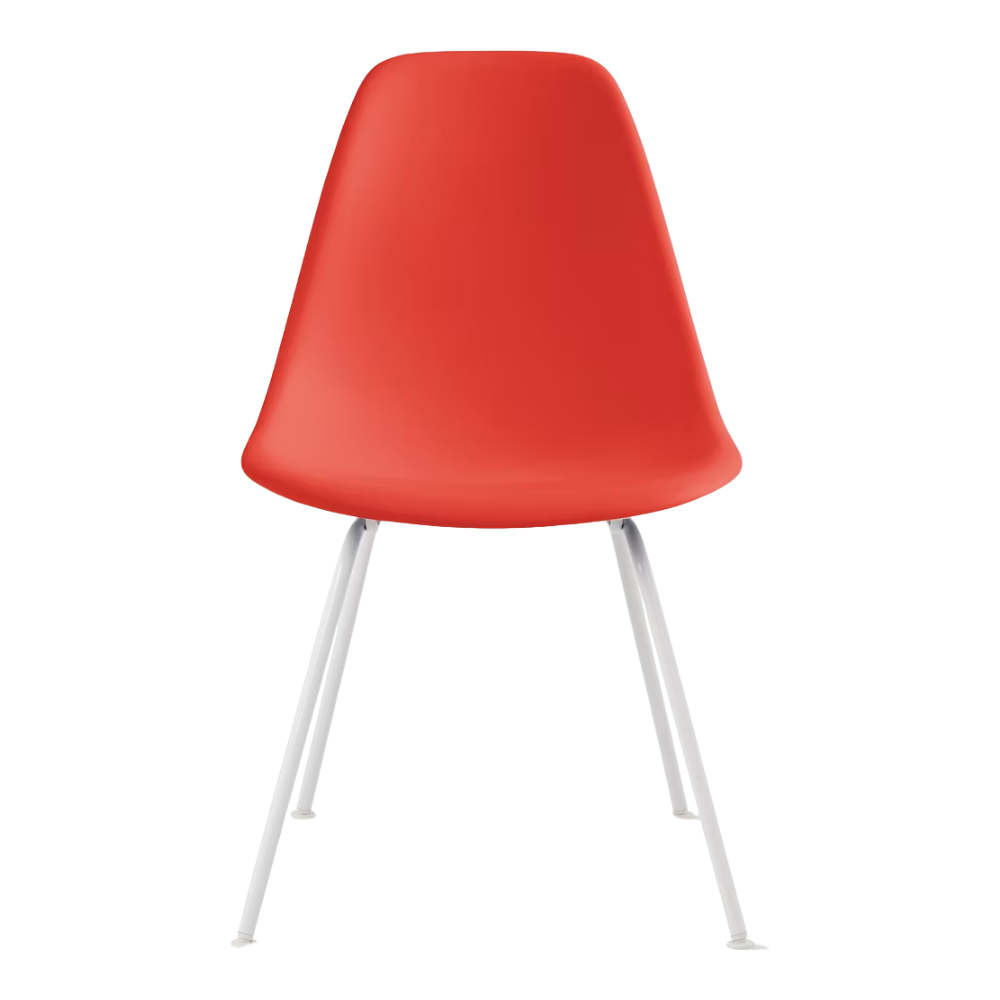 The red orange shell Eames Molded Plastic Side Chair 4-Leg Base from Herman Miller with the white base.