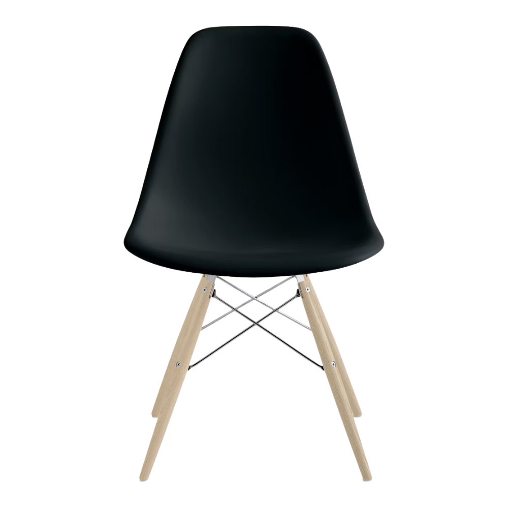 The black shell Eames Molded Plastic Side Chair Dowel-Leg Base from Herman Miller with the trivalent chrome base and white oak legs.