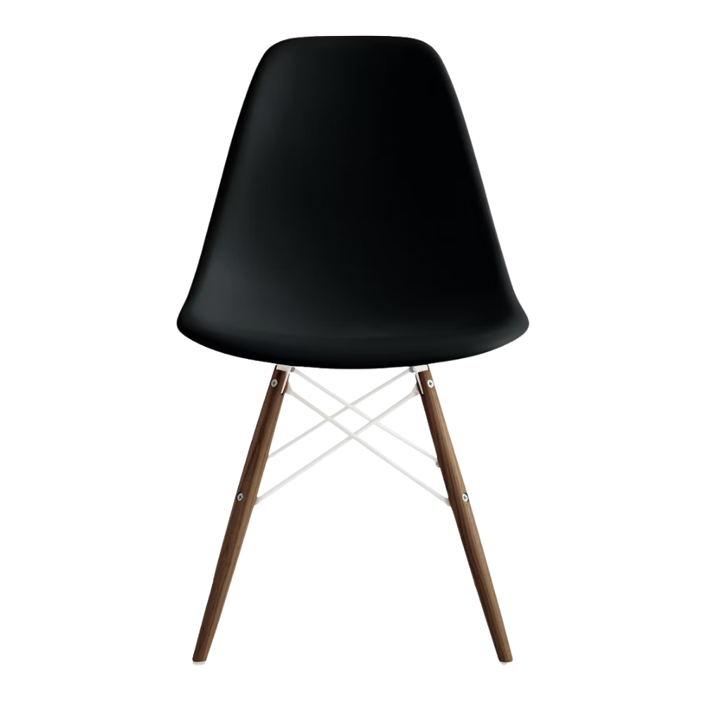 The black shell Eames Molded Plastic Side Chair Dowel-Leg Base from Herman Miller with the white base and walnut legs.