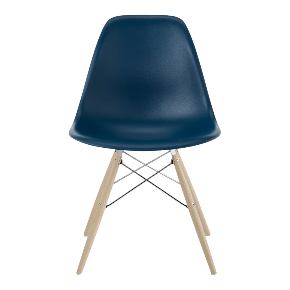 The blue green shell Eames Molded Plastic Side Chair Dowel-Leg Base from Herman Miller with the trivalent chrome base and white oak legs.
