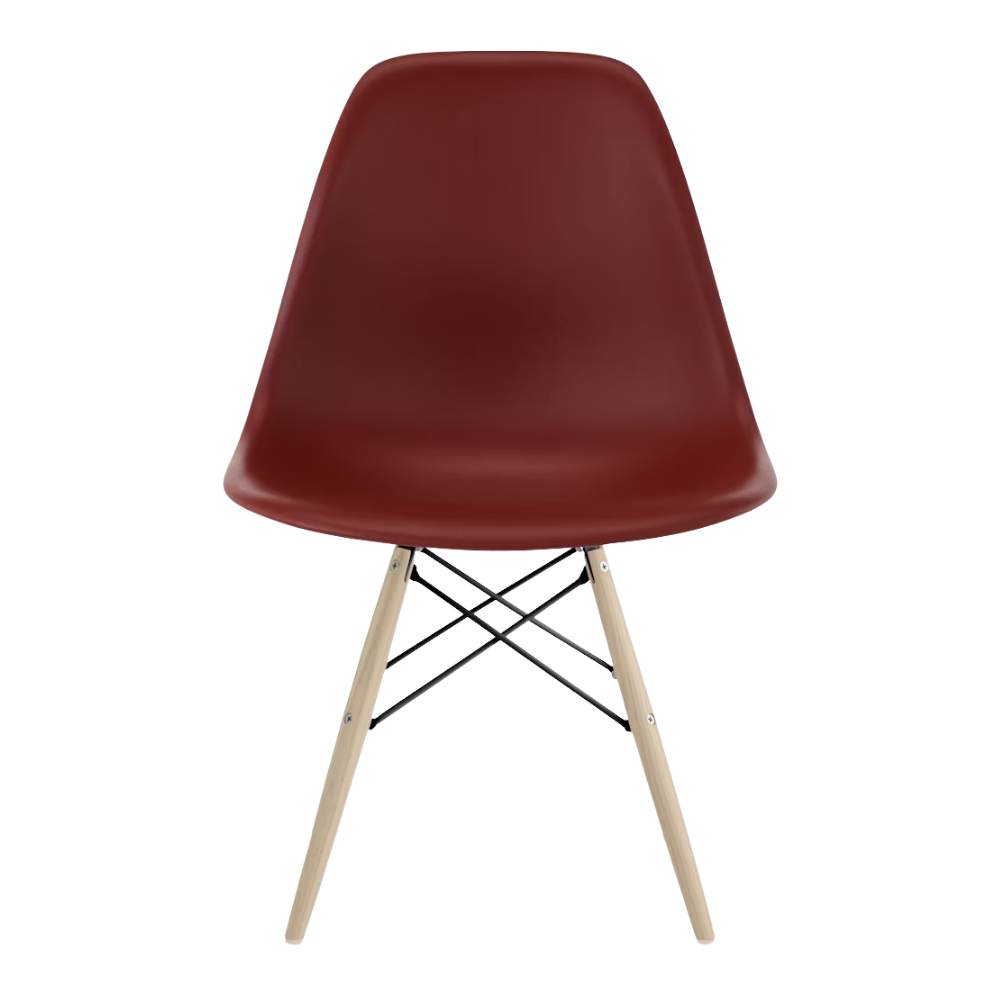 The brick red shell Eames Molded Plastic Side Chair Dowel-Leg Base from Herman Miller with the black base and white oak legs.