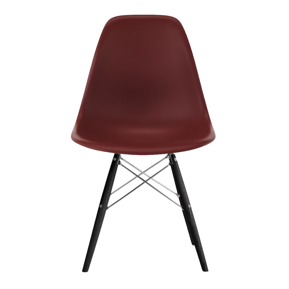 The brick red shell Eames Molded Plastic Side Chair Dowel-Leg Base from Herman Miller with the trivalent chrome base and ebony legs.