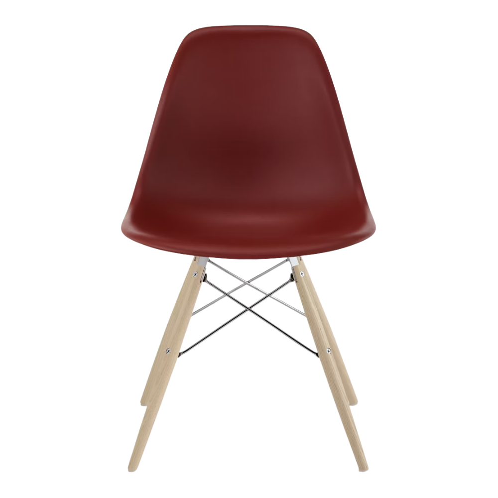 The brick red shell Eames Molded Plastic Side Chair Dowel-Leg Base from Herman Miller with the trivalent chrome base and white oak legs.