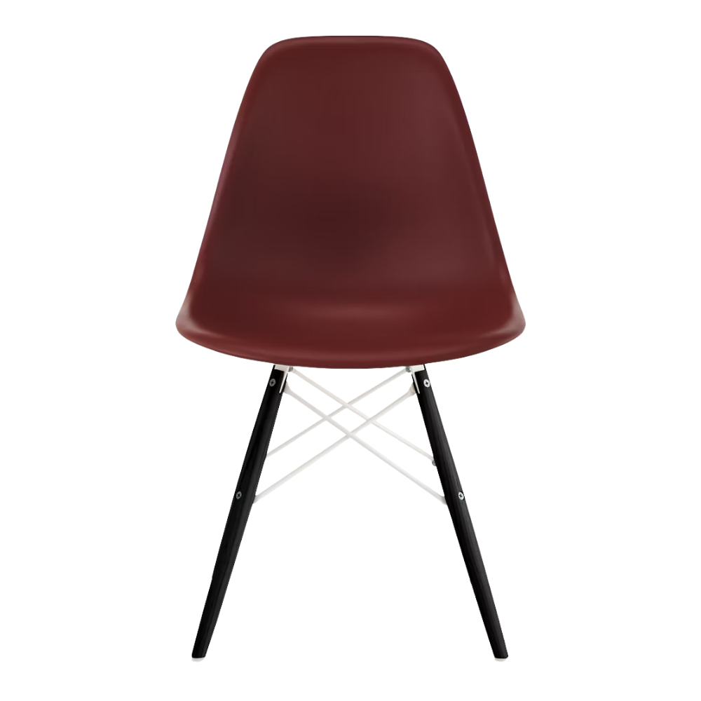 The brick red shell Eames Molded Plastic Side Chair Dowel-Leg Base from Herman Miller with the white base and ebony legs.