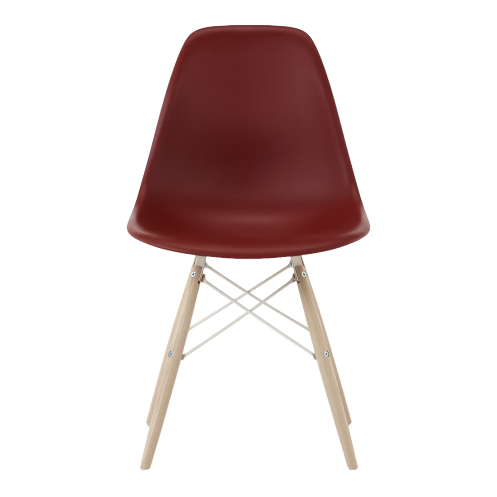 The brick red shell Eames Molded Plastic Side Chair Dowel-Leg Base from Herman Miller with the white base and white oak legs.