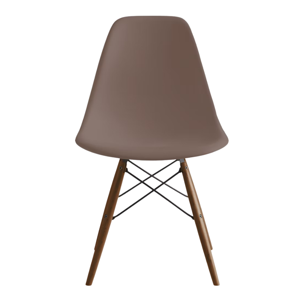 The cocoa shell Eames Molded Plastic Side Chair Dowel-Leg Base from Herman Miller with the black base and walnut legs.