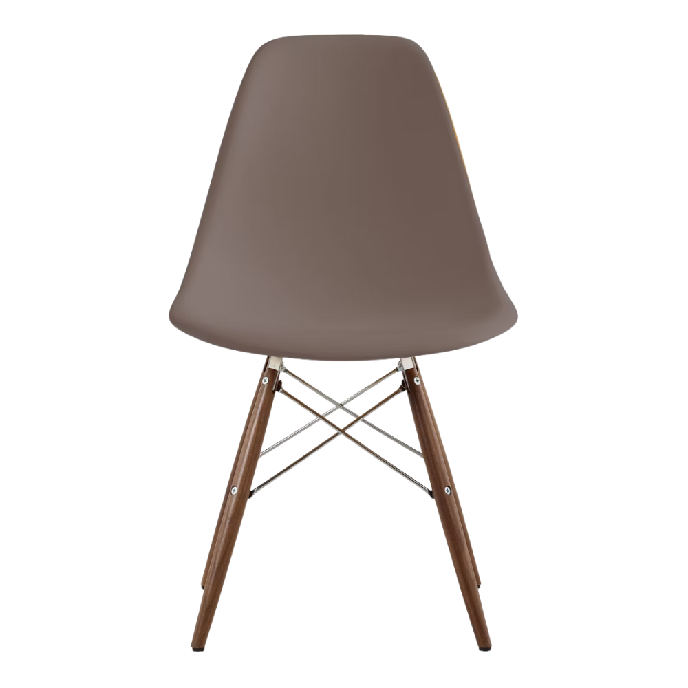 The cocoa shell Eames Molded Plastic Side Chair Dowel-Leg Base from Herman Miller with the trivalent chrome base and walnut legs.