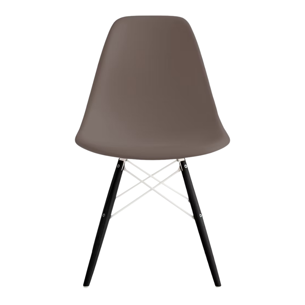 The cocoa shell Eames Molded Plastic Side Chair Dowel-Leg Base from Herman Miller with the white base and ebony legs.