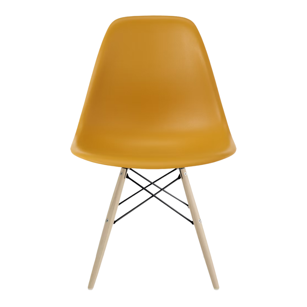 The deep yellow shell Eames Molded Plastic Side Chair Dowel-Leg Base from Herman Miller with the black base and white oak legs.