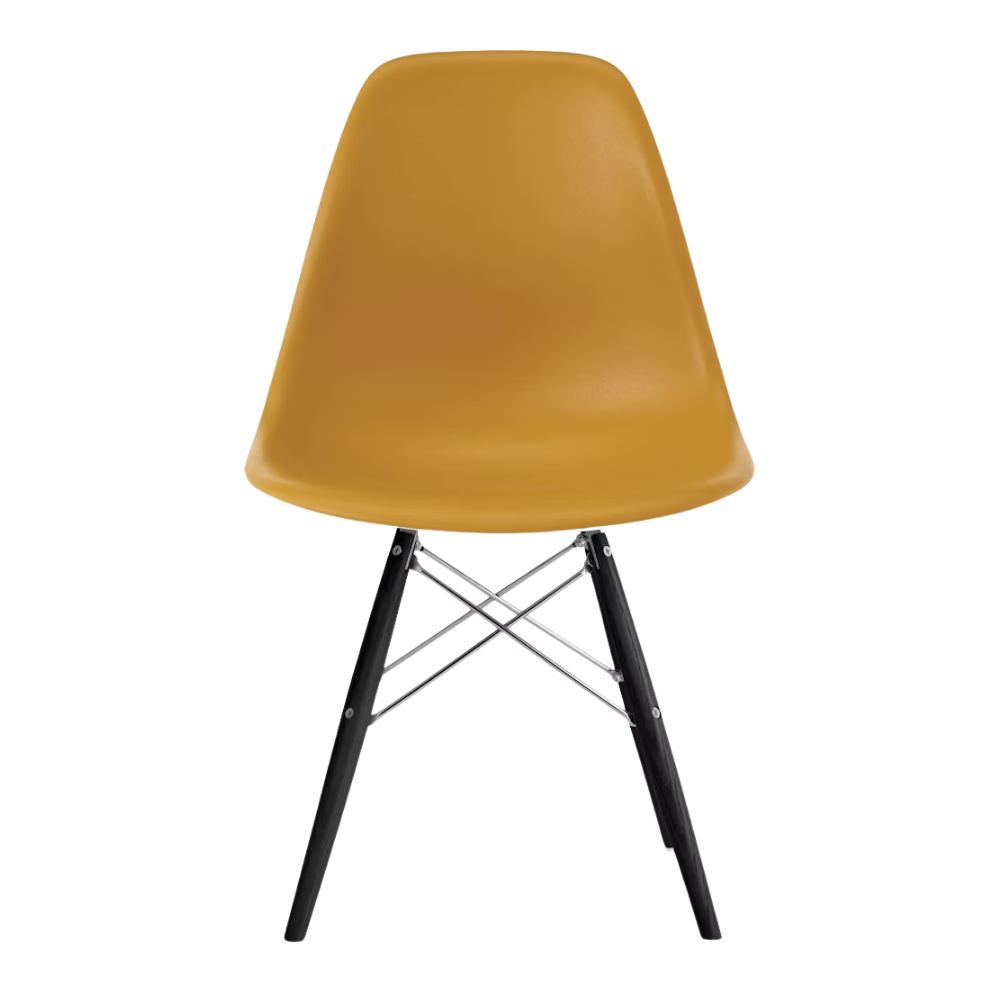 The deep yellow shell Eames Molded Plastic Side Chair Dowel-Leg Base from Herman Miller with the trivalent chrome base and ebony legs.