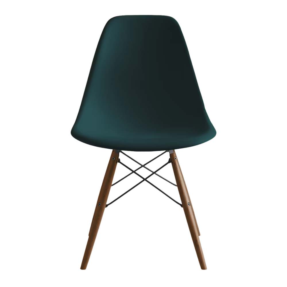 The evergreen shell Eames Molded Plastic Side Chair Dowel-Leg Base from Herman Miller with the black base and walnut legs.