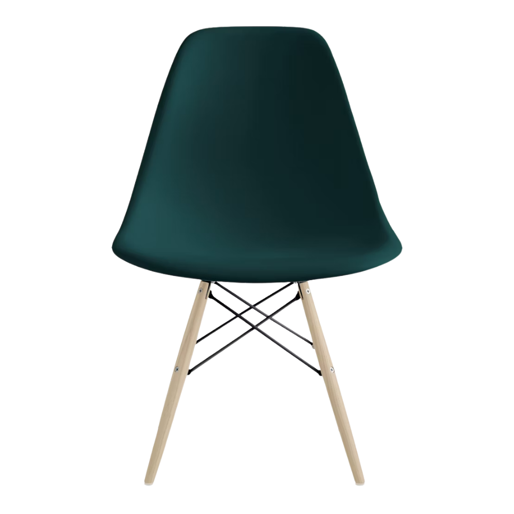 The evergreen shell Eames Molded Plastic Side Chair Dowel-Leg Base from Herman Miller with the black base and white oak legs.