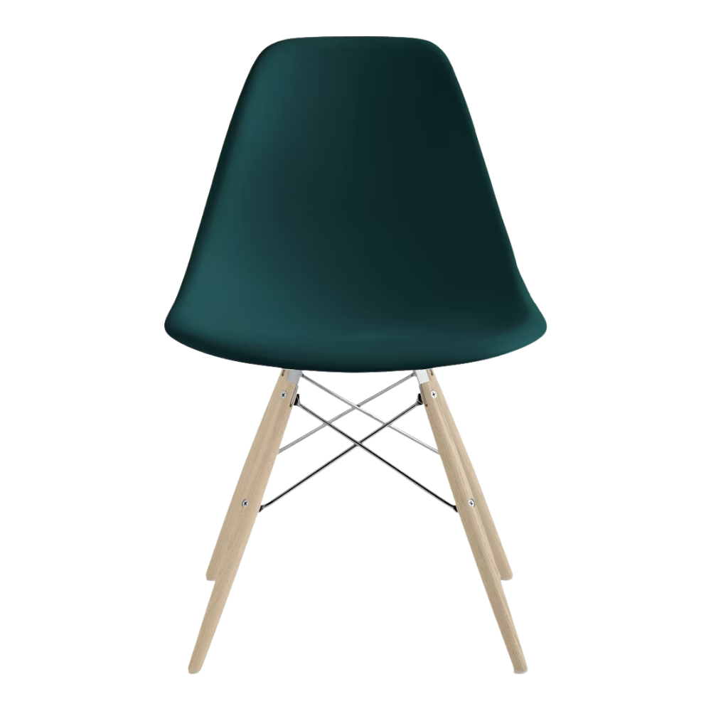 The evergreen shell Eames Molded Plastic Side Chair Dowel-Leg Base from Herman Miller with the trivalent chrome base and white oak legs.