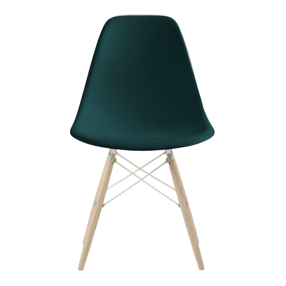 The evergreen shell Eames Molded Plastic Side Chair Dowel-Leg Base from Herman Miller with the white base and white oak legs.
