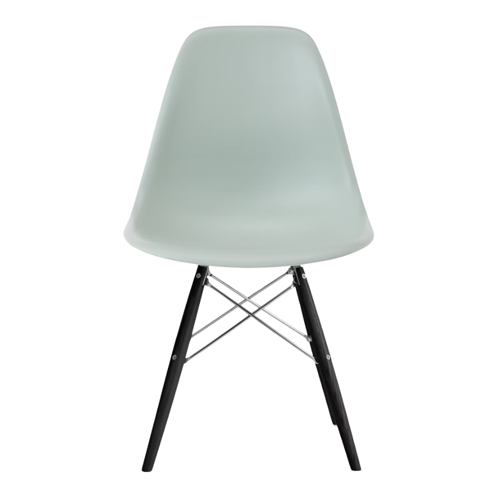 The gray green shell Eames Molded Plastic Side Chair Dowel-Leg Base from Herman Miller with the trivalent chrome base and ebony legs.