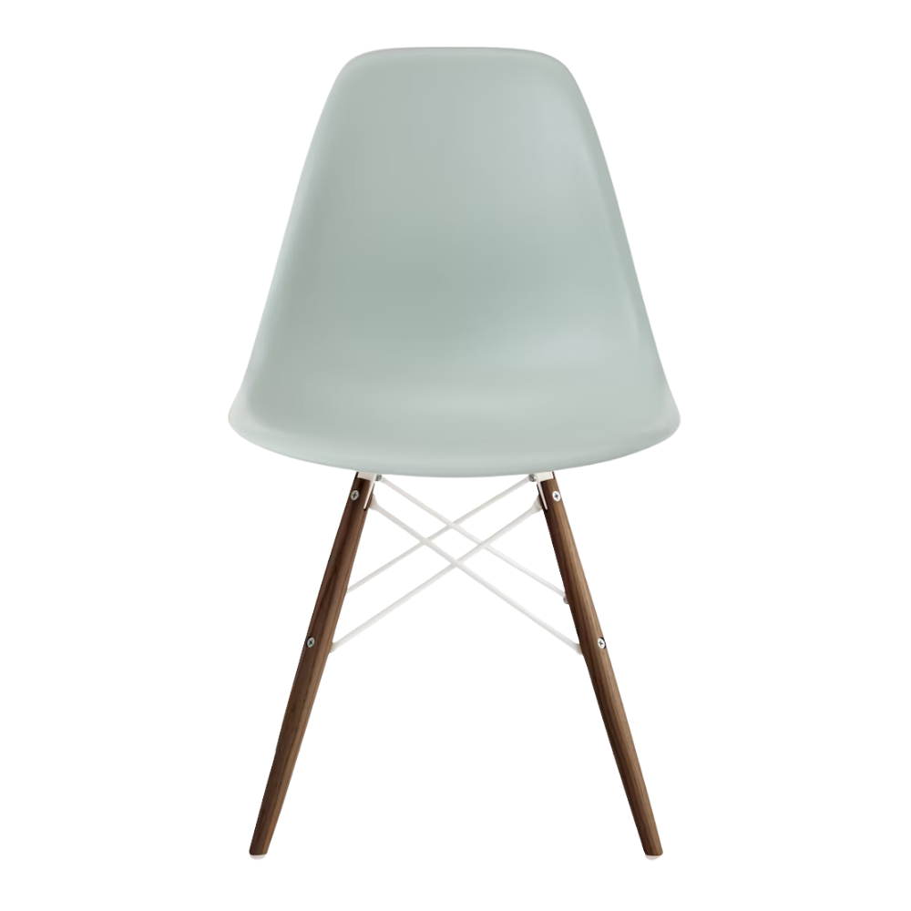 The gray green shell Eames Molded Plastic Side Chair Dowel-Leg Base from Herman Miller with the white base and walnut legs.