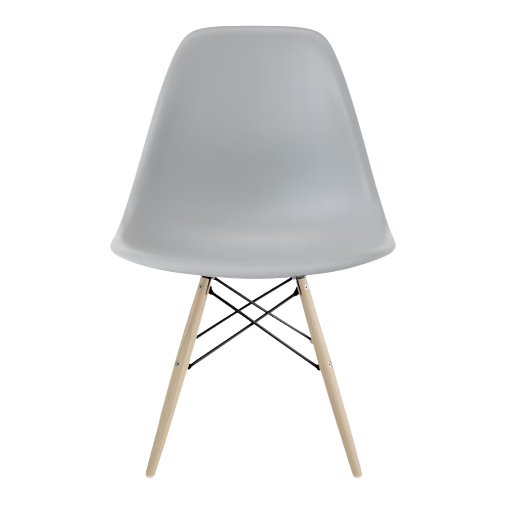 The light gray shell Eames Molded Plastic Side Chair Dowel-Leg Base from Herman Miller with the black base and white oak legs.
